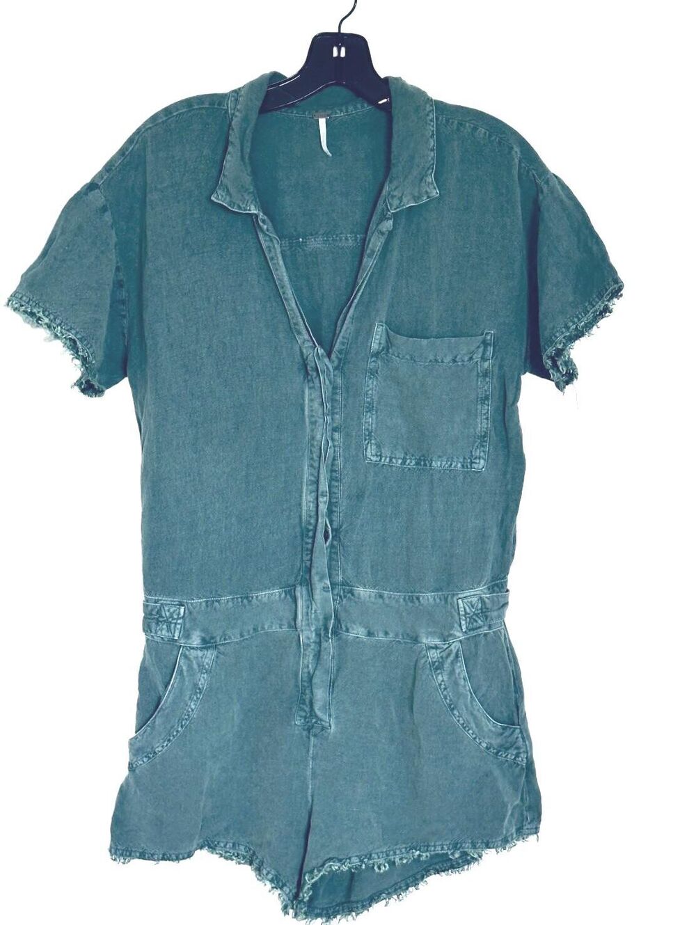 YFB Young Fabulous & Broke Blue Jean Linen Blend Utility Romper Frayed Hem - M